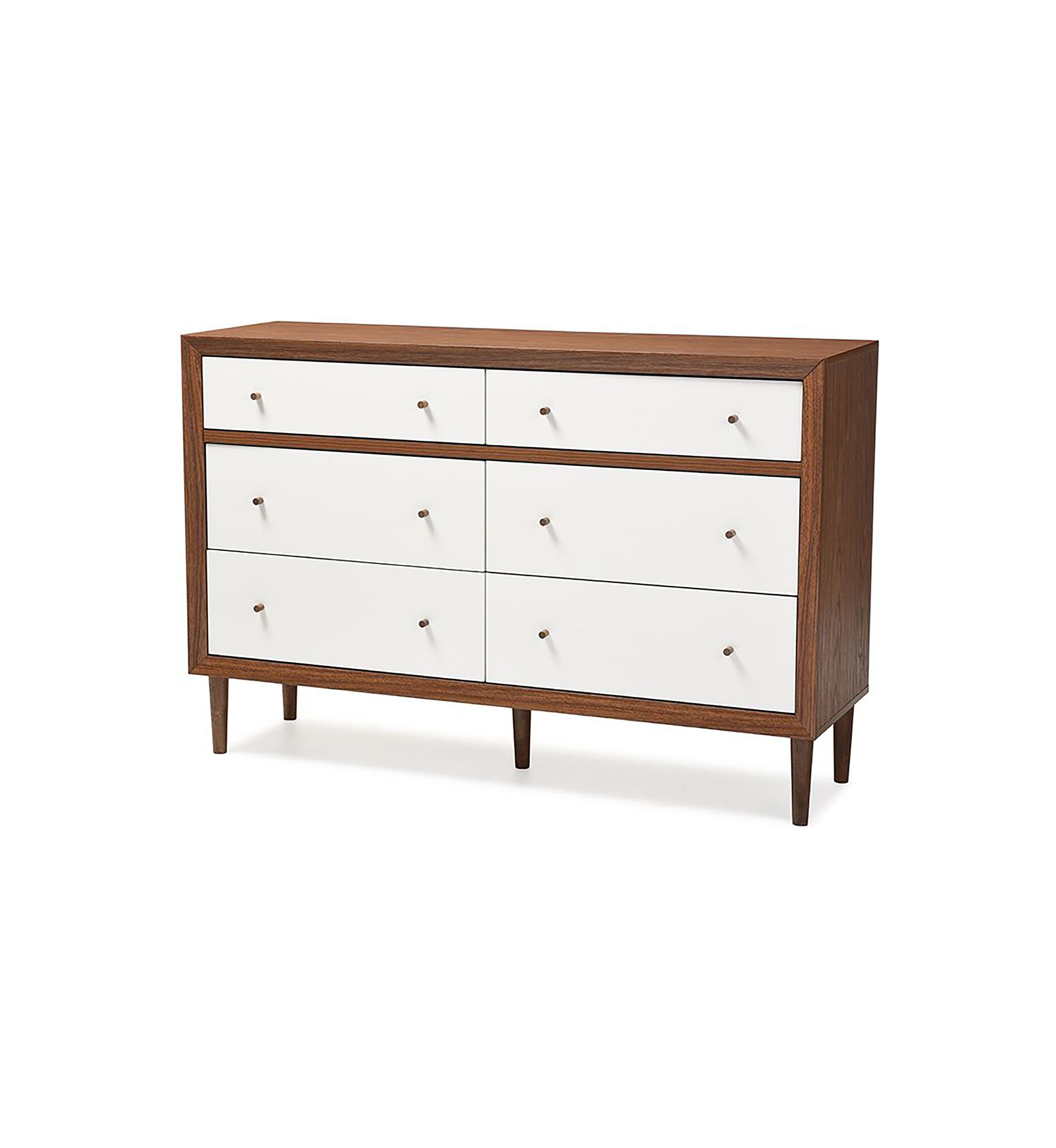 Harlow Mid-Century Modern Scandinavian Style White and Walnut Wood 6-Drawer Storage Dresser