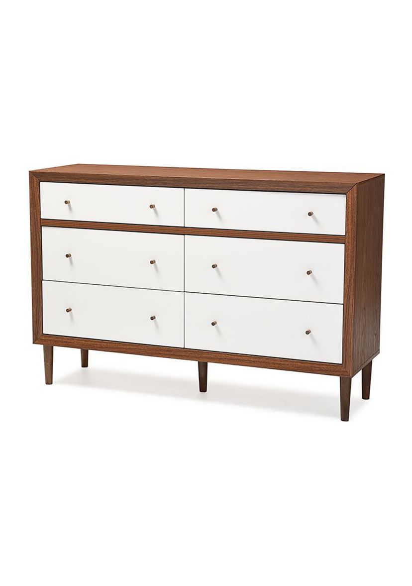 Harlow Mid-Century Modern Scandinavian Style White and Walnut Wood 6-Drawer Storage Dresser