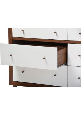 Harlow Mid-Century Modern Scandinavian Style White and Walnut Wood 6-Drawer Storage Dresser