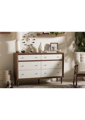 Harlow Mid-Century Modern Scandinavian Style White and Walnut Wood 6-Drawer Storage Dresser