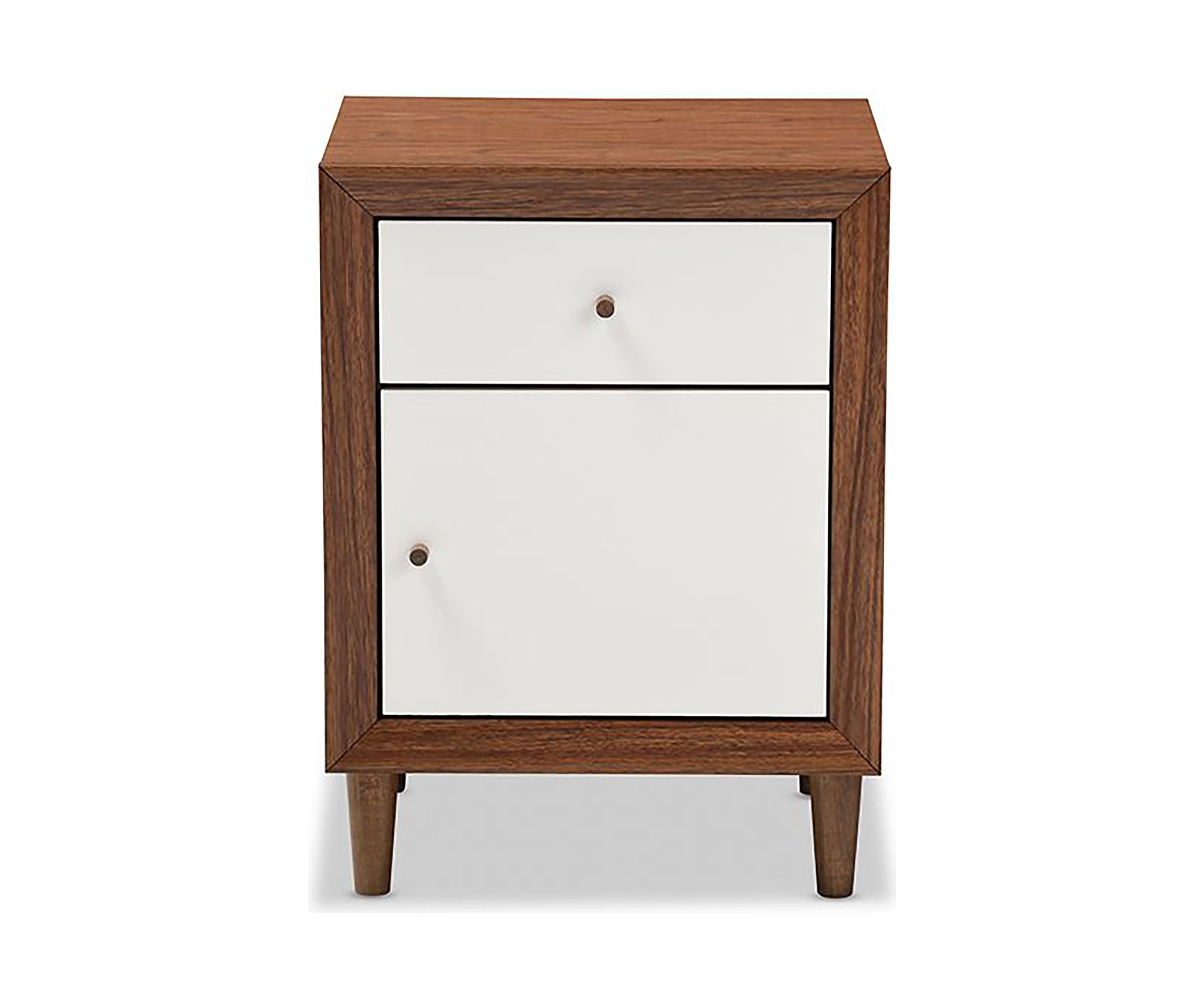 Harlow Mid-century Modern Scandinavian Style White and Walnut Wood 1-drawer and 1-door Nightstand