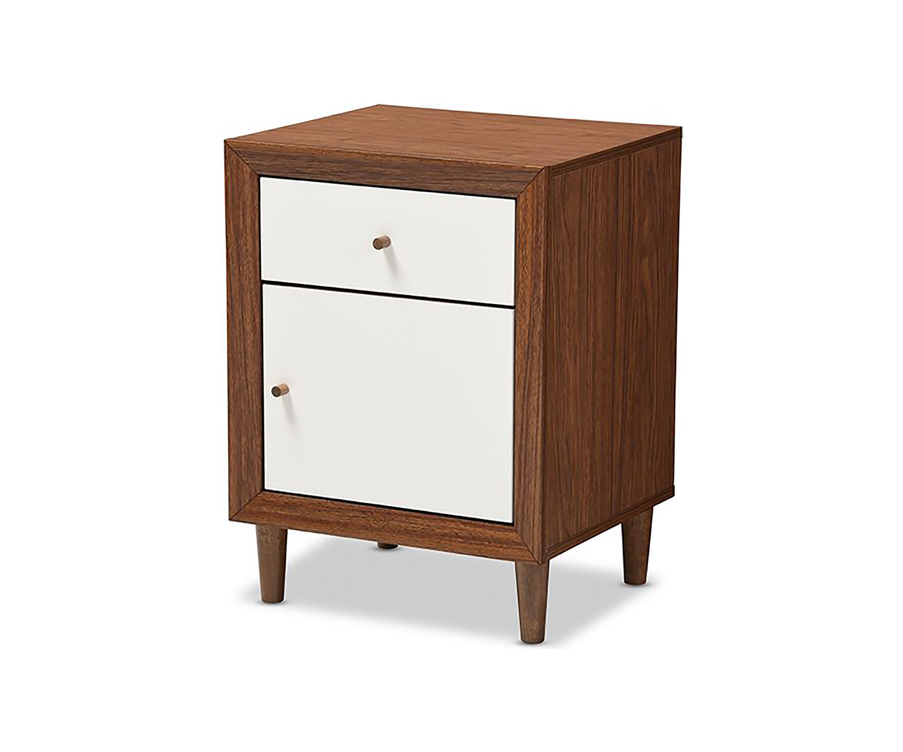 Harlow Mid-century Modern Scandinavian Style White and Walnut Wood 1-drawer and 1-door Nightstand
