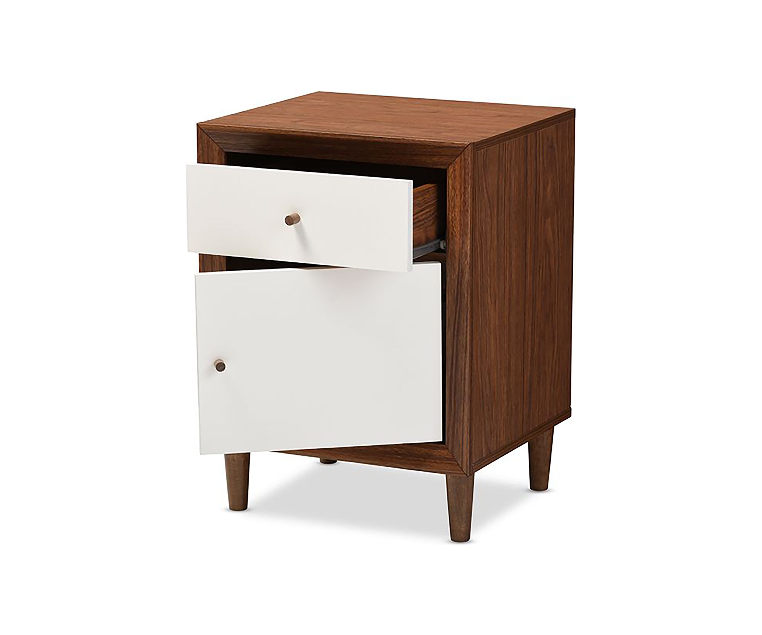 Harlow Mid-century Modern Scandinavian Style White and Walnut Wood 1-drawer and 1-door Nightstand