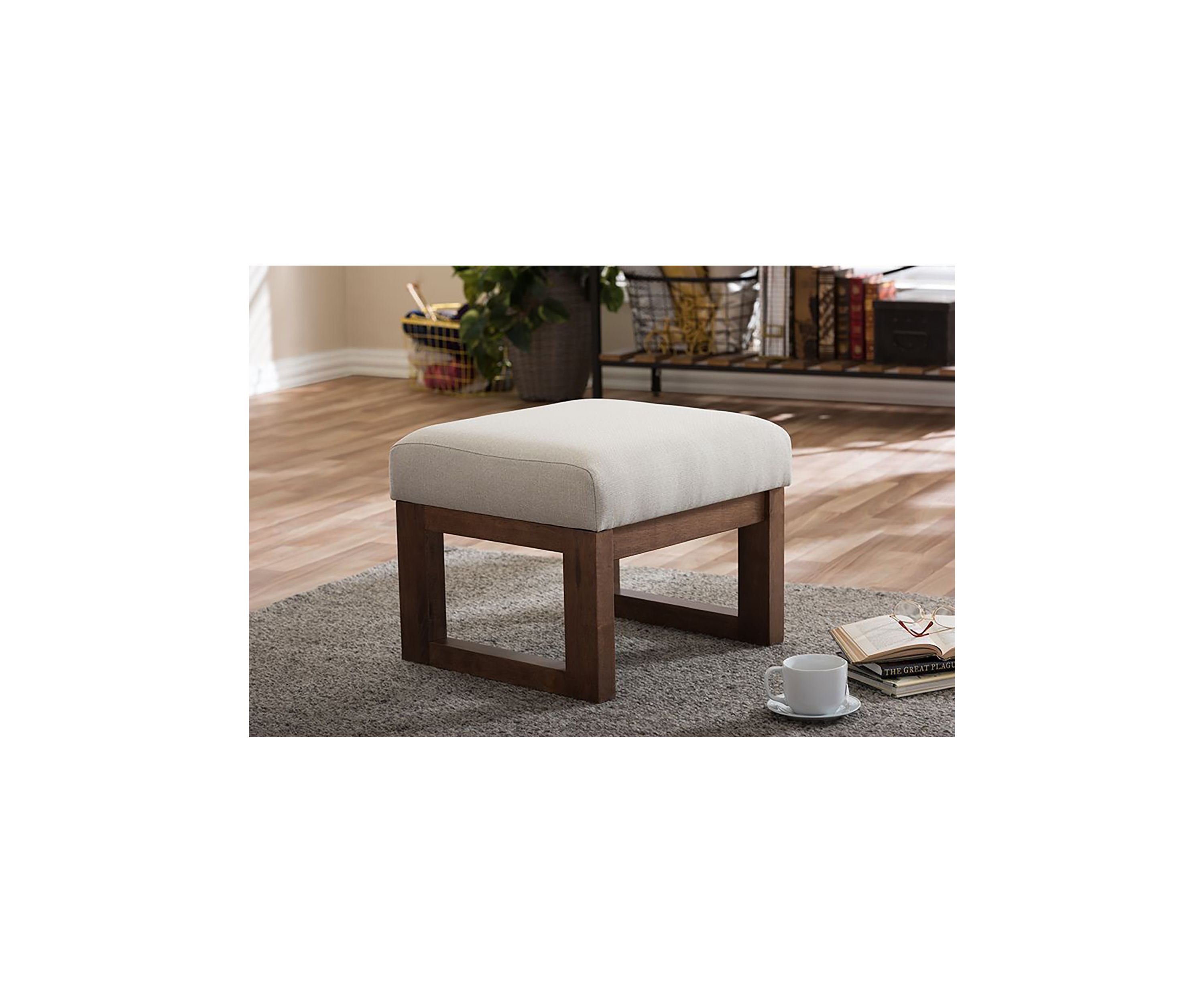 Yashiya Mid-century Retro Modern Light Beige Fabric Upholstered Ottoman Stool