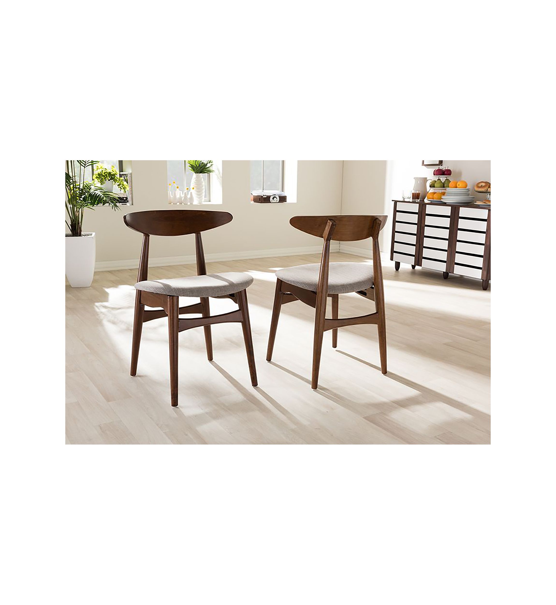 Flora Mid-Century Modern Light Grey Fabric and "Oak" Medium Brown Finishing Wood Dining Chair