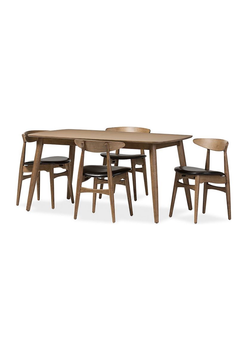 Edna Mid-Century Modern French Black Faux Leather and Oak Light Brown Finishing Wood 5-Peice Dining Set