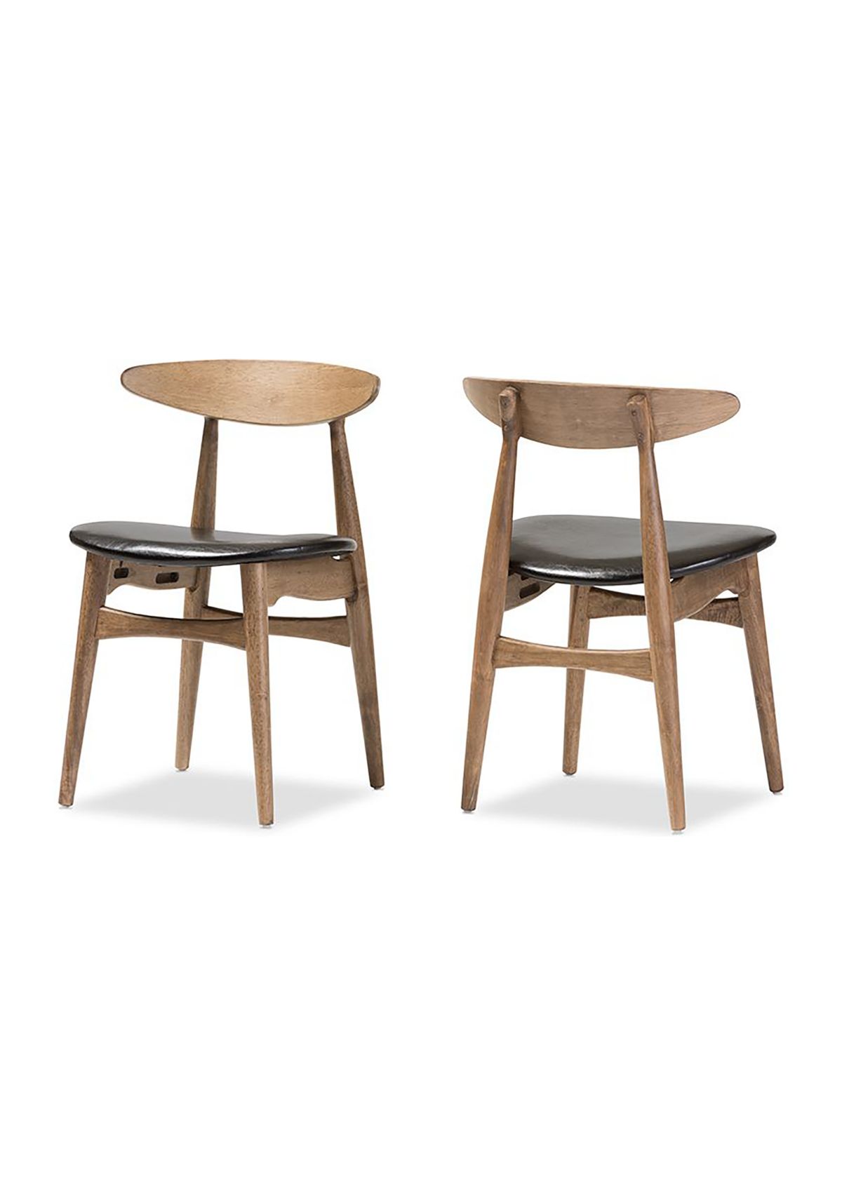 Edna Mid-Century Modern French Black Faux Leather and Oak Light Brown Finishing Wood 5-Peice Dining Set