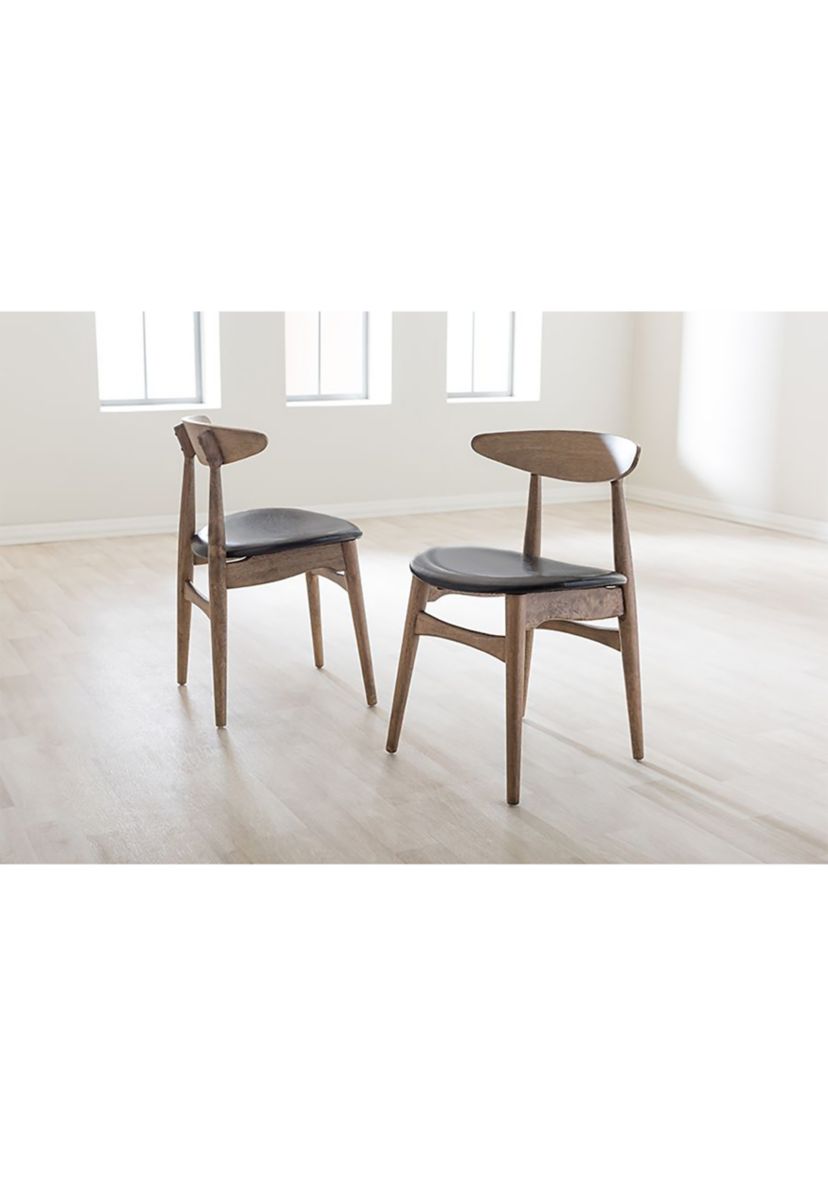 Edna Mid-Century Modern French Black Faux Leather and "Oak" Light Brown Finishing Wood Dining Chair