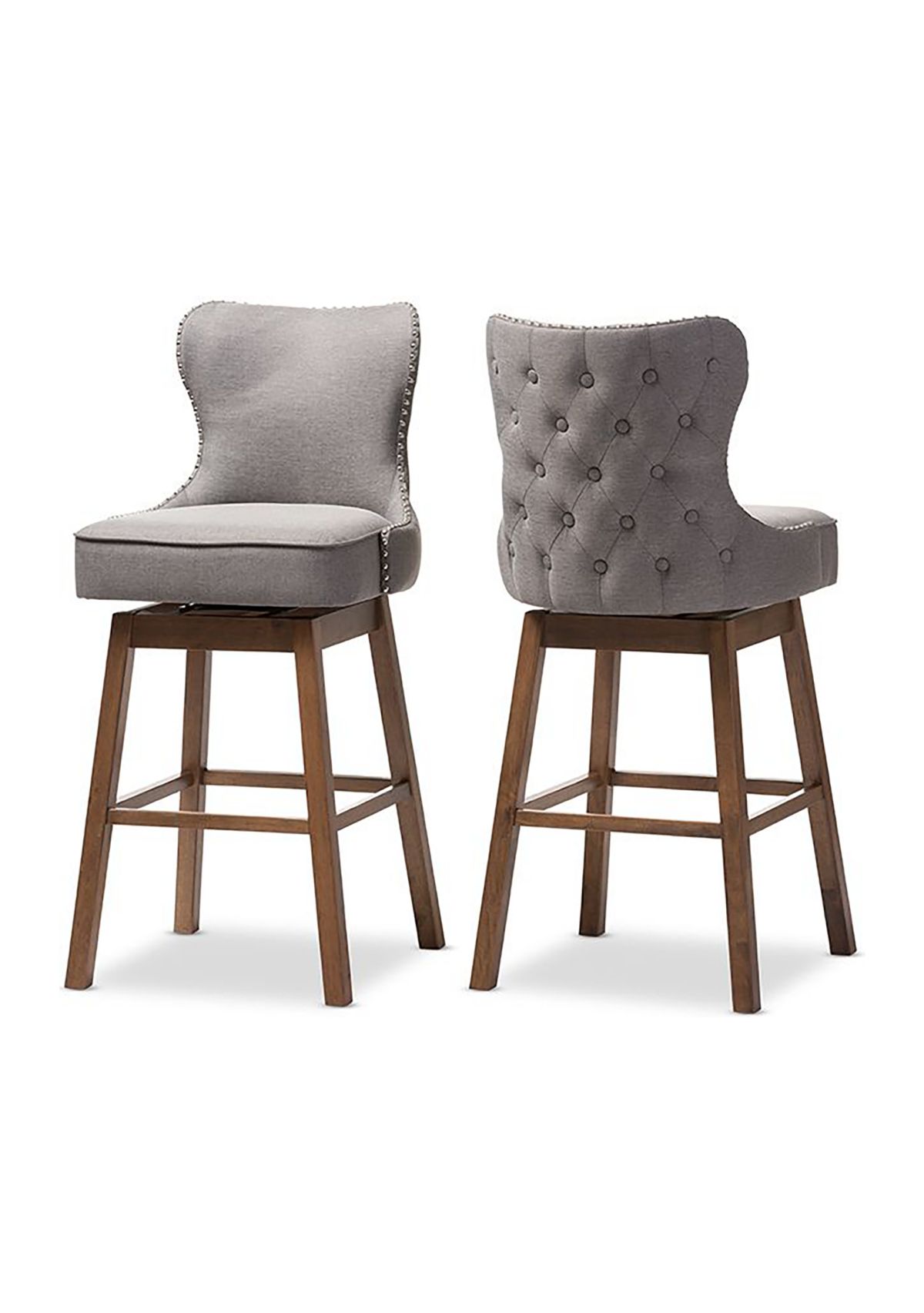 Gradisca Modern and Contemporary Brown Wood Finishing and Grey Fabric Button-Tufted Upholstered Swivel Barstool