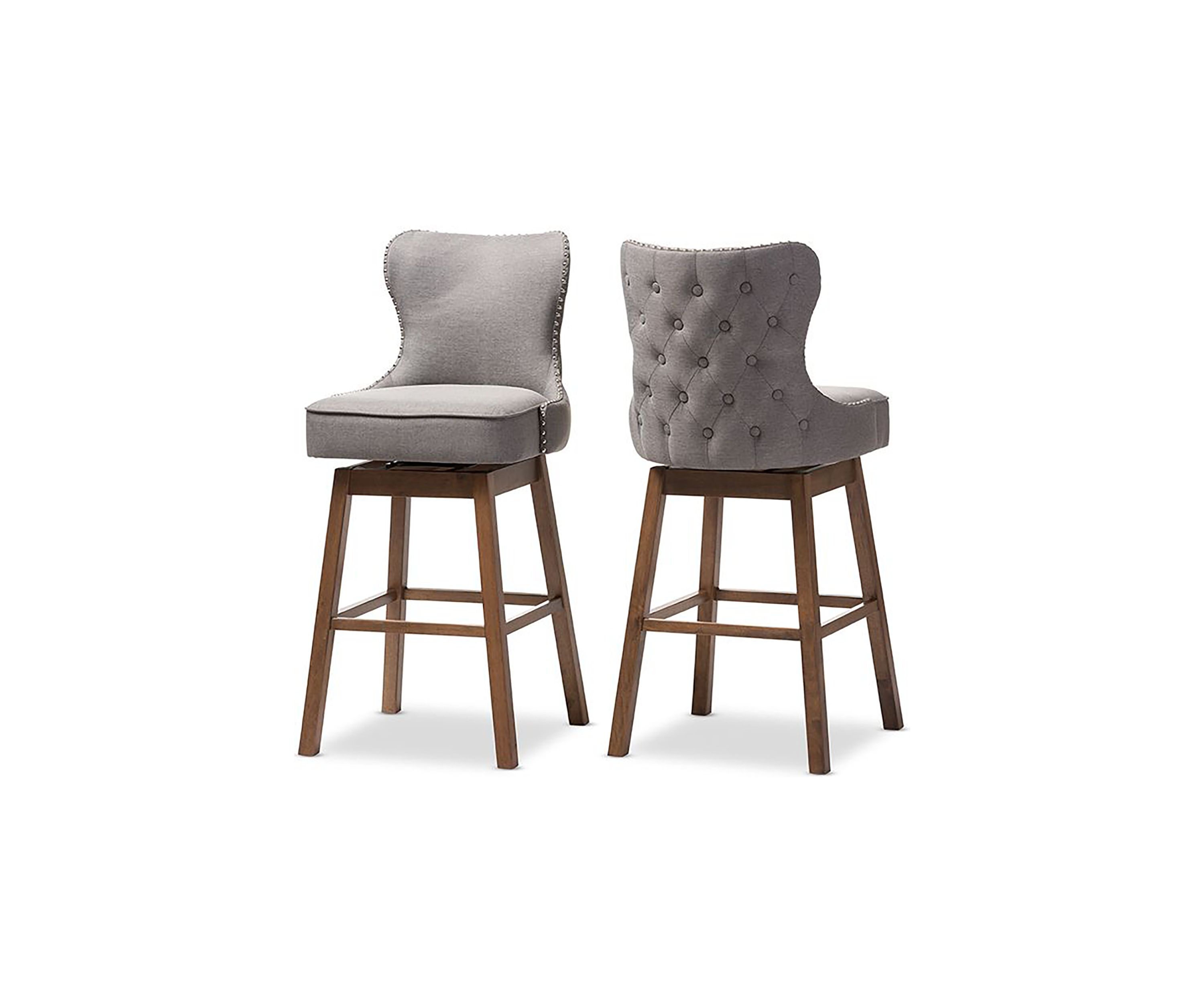Gradisca Modern and Contemporary Brown Wood Finishing and Grey Fabric Button-Tufted Upholstered Swivel Barstool