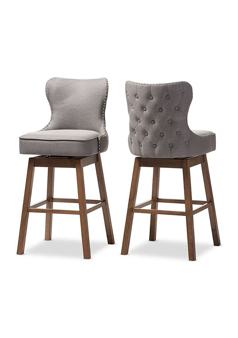 Gradisca Modern and Contemporary Brown Wood Finishing and Grey Fabric Button-Tufted Upholstered Swivel Barstool