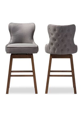 Gradisca Modern and Contemporary Brown Wood Finishing and Grey Fabric Button-Tufted Upholstered Swivel Barstool
