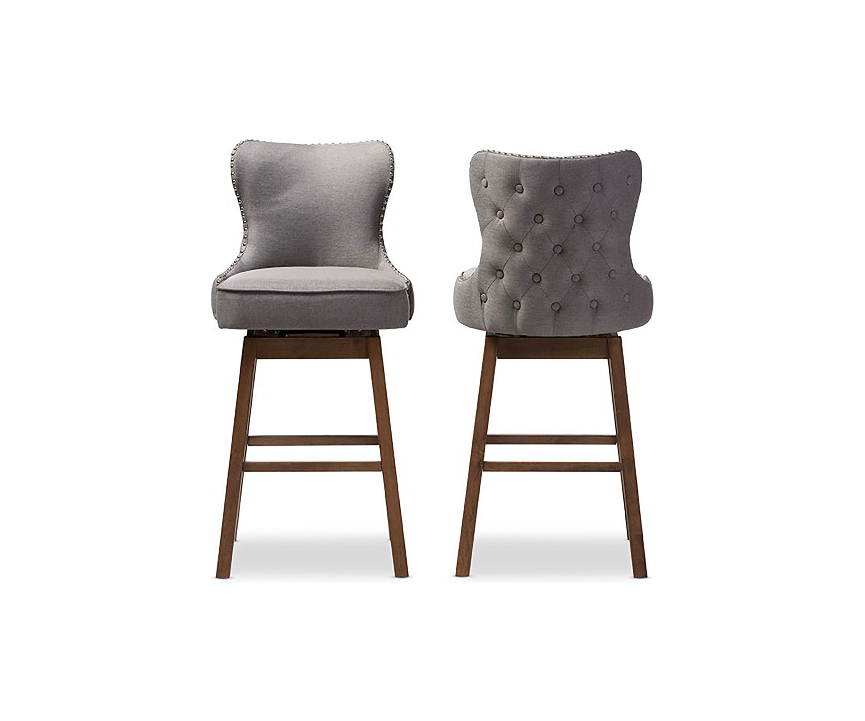 Gradisca Modern and Contemporary Brown Wood Finishing and Grey Fabric Button-Tufted Upholstered Swivel Barstool