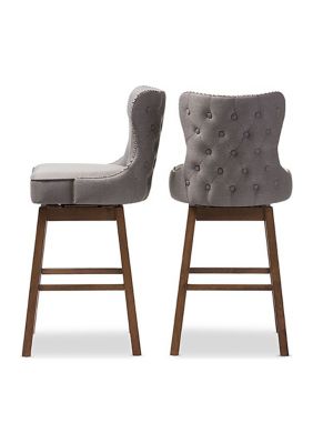 Gradisca Modern and Contemporary Brown Wood Finishing and Grey Fabric Button-Tufted Upholstered Swivel Barstool