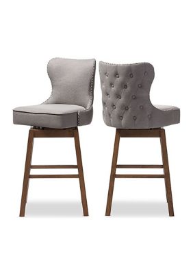 Gradisca Modern and Contemporary Brown Wood Finishing and Grey Fabric Button-Tufted Upholstered Swivel Barstool