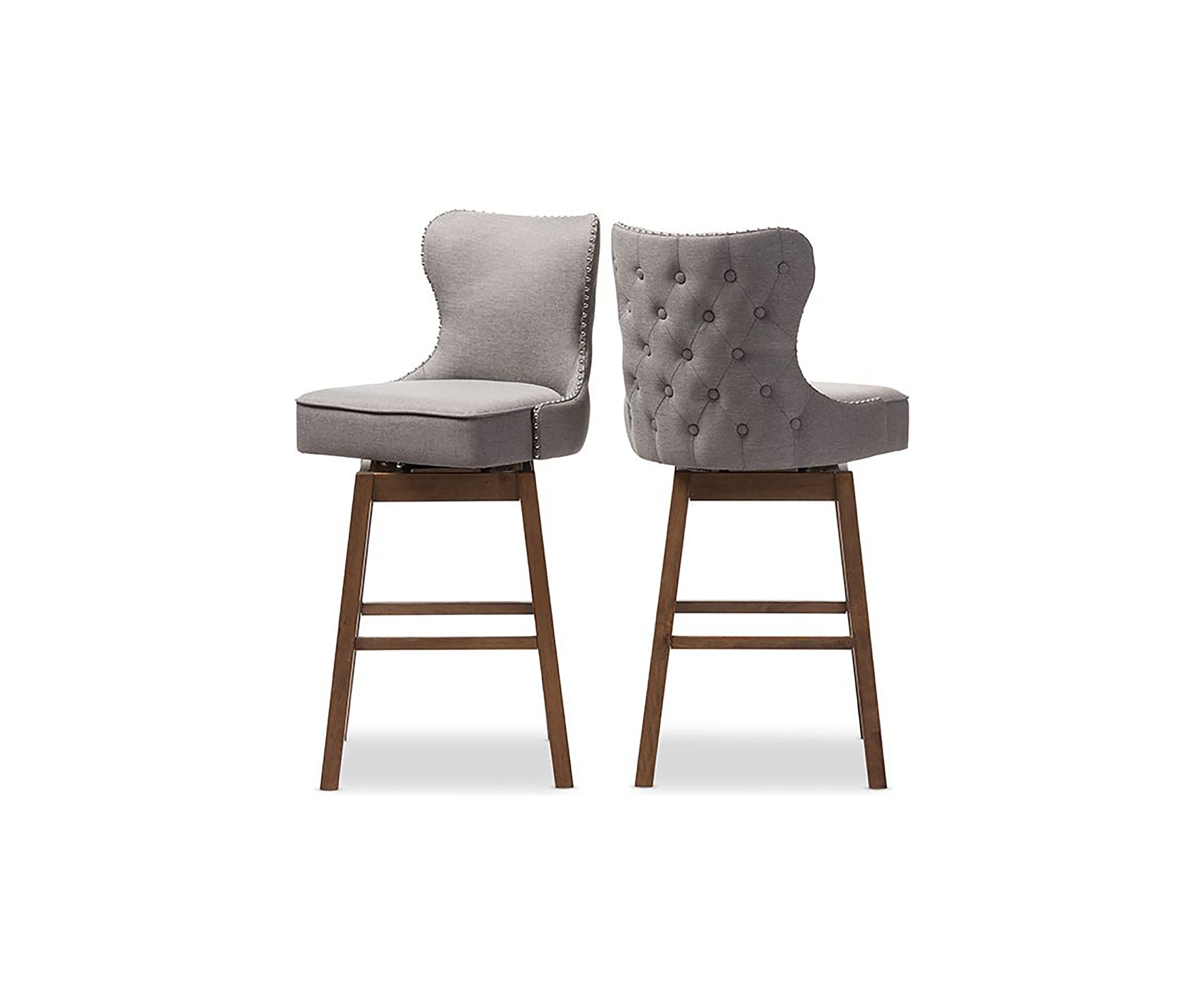 Gradisca Modern and Contemporary Brown Wood Finishing and Grey Fabric Button-Tufted Upholstered Swivel Barstool