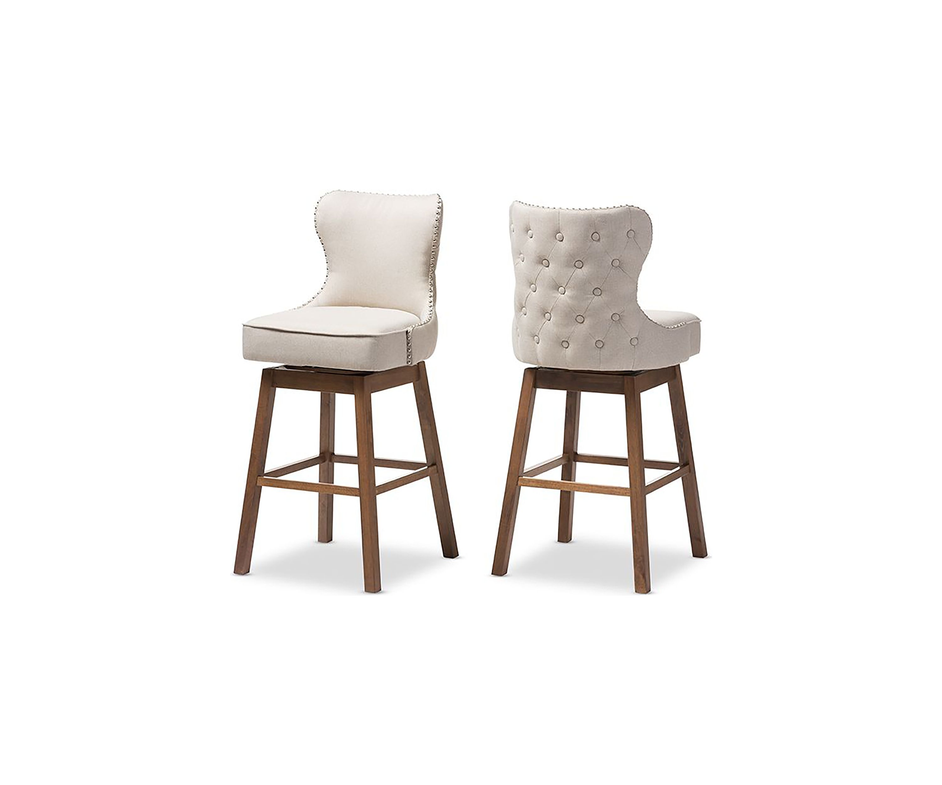 Gradisca Modern and Contemporary Brown Wood Finishing and Light Beige Fabric Button-Tufted Upholstered Swivel Barstool