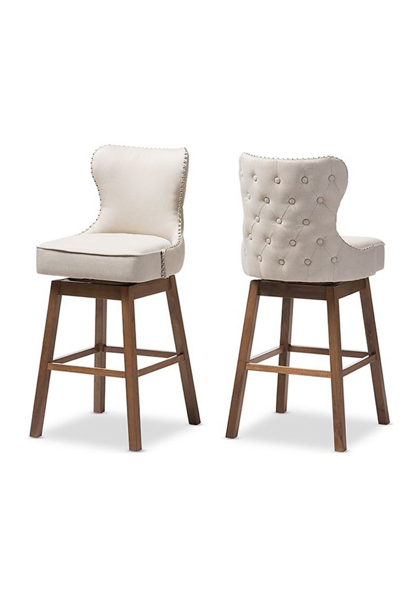 Gradisca Modern and Contemporary Brown Wood Finishing and Light Beige Fabric Button-Tufted Upholstered Swivel Barstool