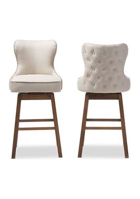 Gradisca Modern and Contemporary Brown Wood Finishing and Light Beige Fabric Button-Tufted Upholstered Swivel Barstool