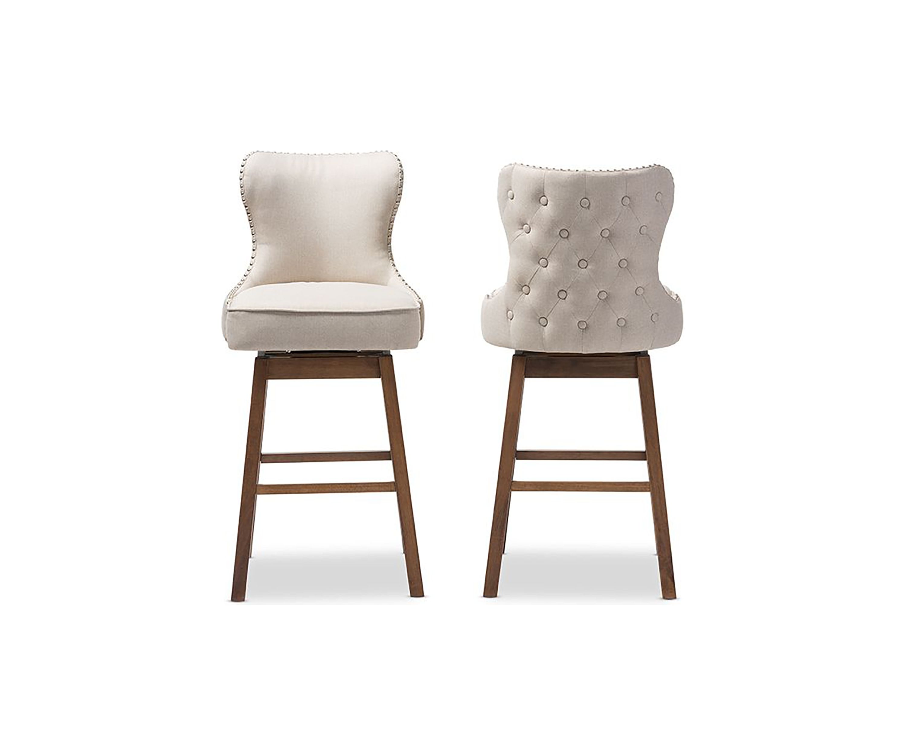 Gradisca Modern and Contemporary Brown Wood Finishing and Light Beige Fabric Button-Tufted Upholstered Swivel Barstool