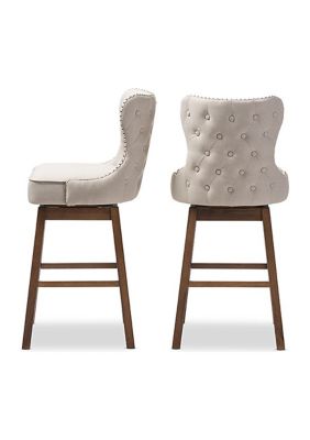 Gradisca Modern and Contemporary Brown Wood Finishing and Light Beige Fabric Button-Tufted Upholstered Swivel Barstool
