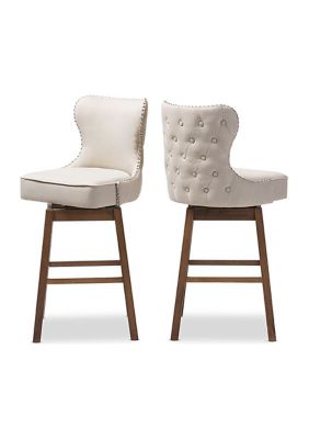 Gradisca Modern and Contemporary Brown Wood Finishing and Light Beige Fabric Button-Tufted Upholstered Swivel Barstool