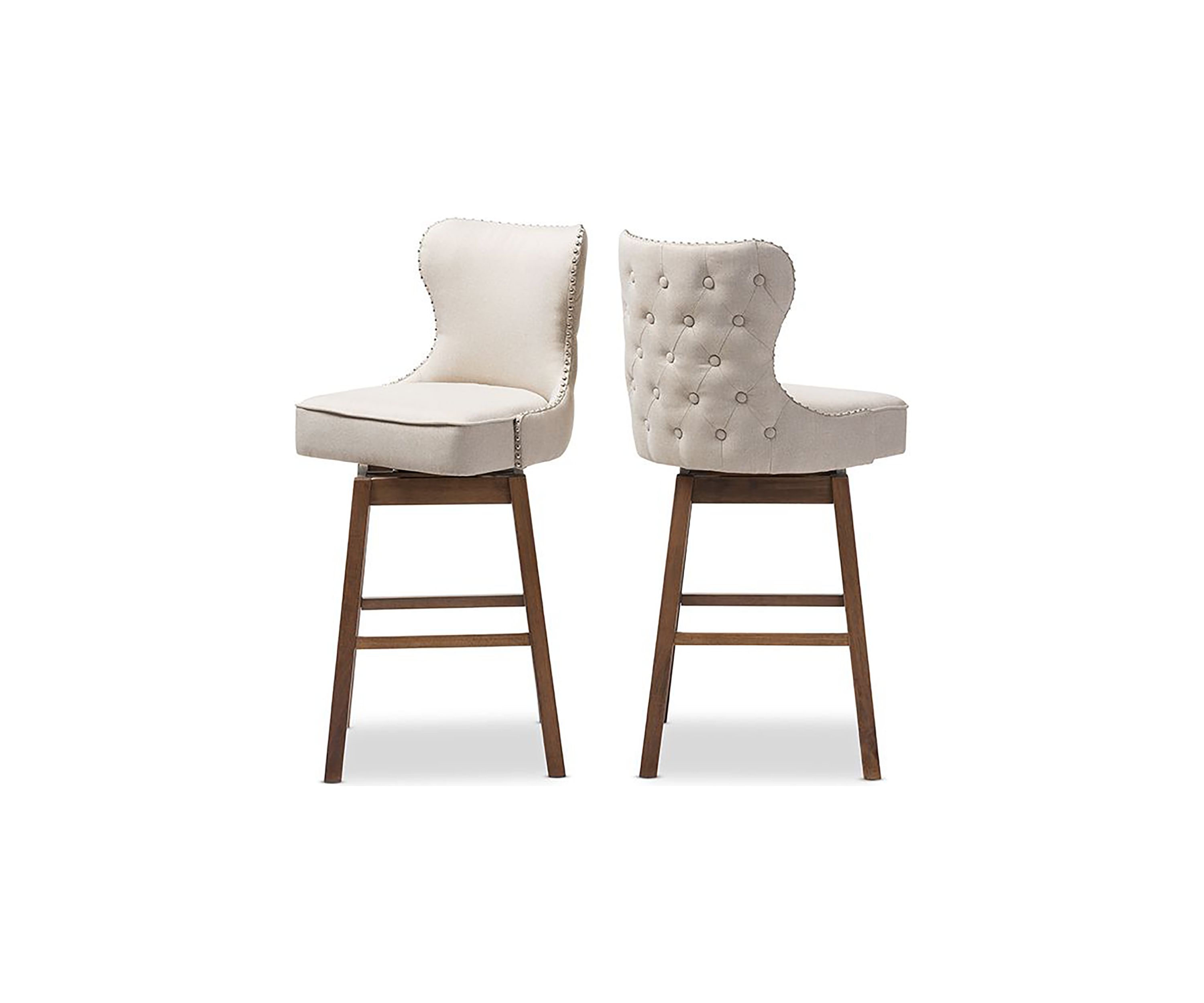 Gradisca Modern and Contemporary Brown Wood Finishing and Light Beige Fabric Button-Tufted Upholstered Swivel Barstool