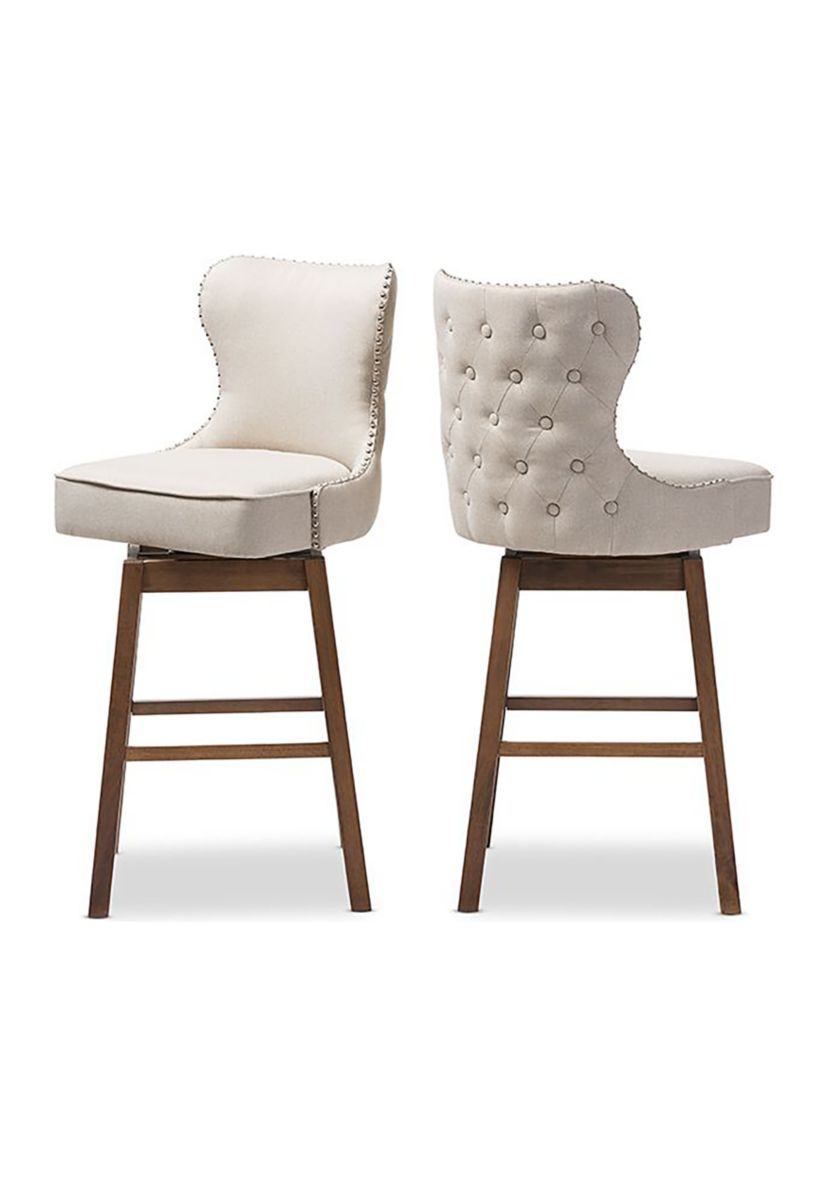 Gradisca Modern and Contemporary Brown Wood Finishing and Light Beige Fabric Button-Tufted Upholstered Swivel Barstool