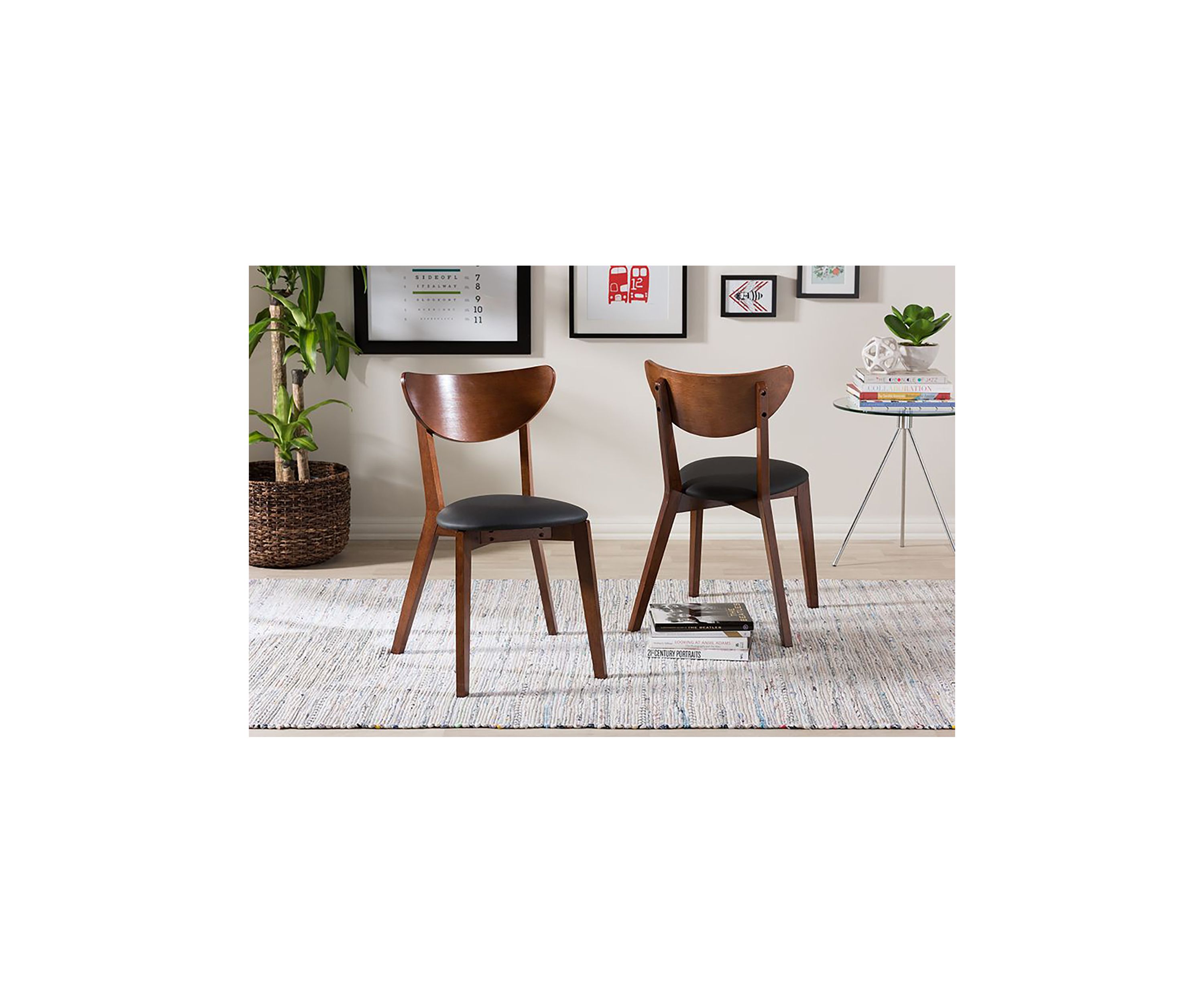 Sumner Mid-Century Black Faux Leather and Walnut Brown Wood Dining Chair