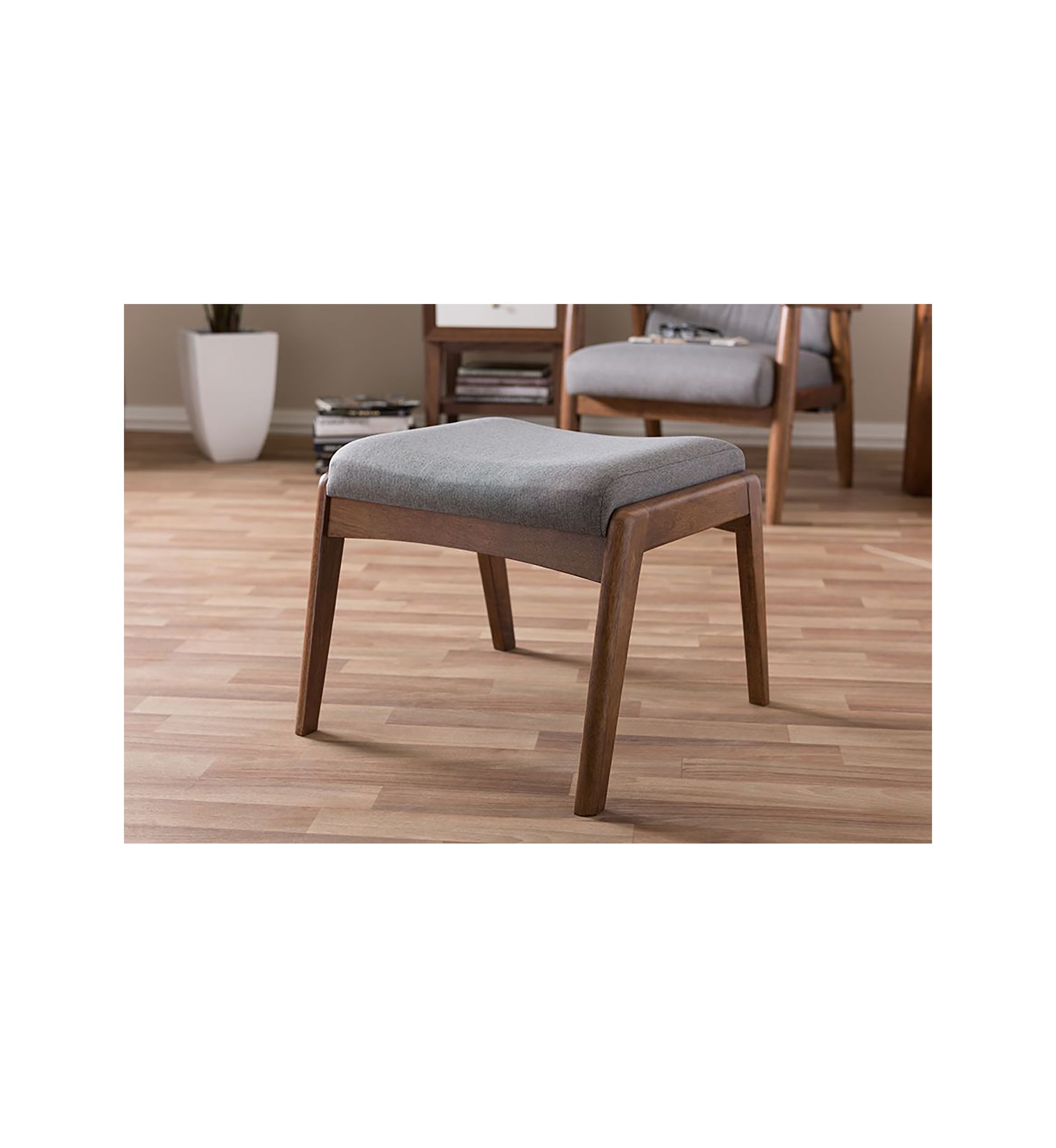 Roxy Mid-Century Modern Walnut Wood Finishing and Grey Fabric Upholstered Ottoman