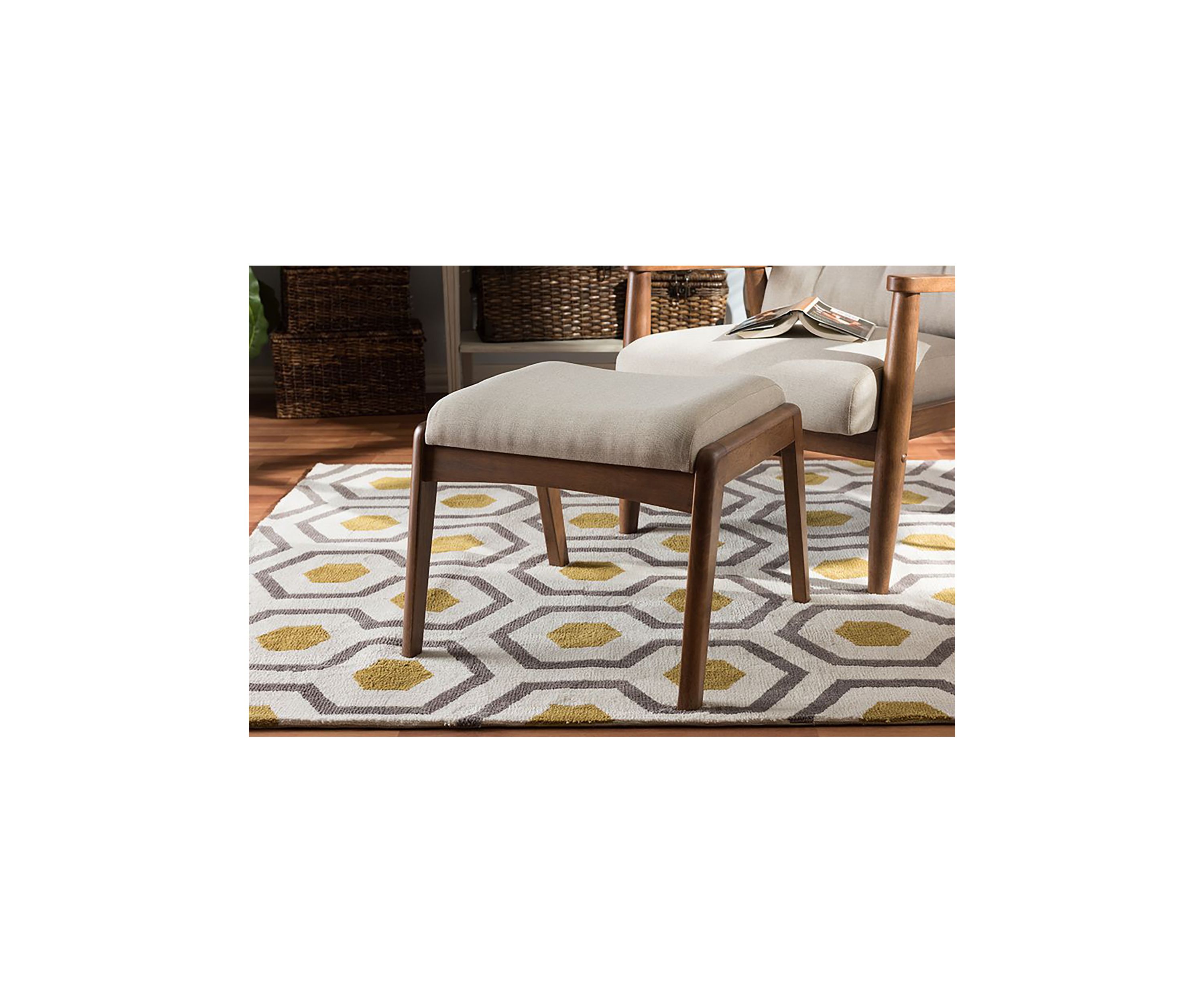 Roxy Mid-Century Modern Walnut Wood Finishing and Light Beige Fabric Upholstered Ottoman