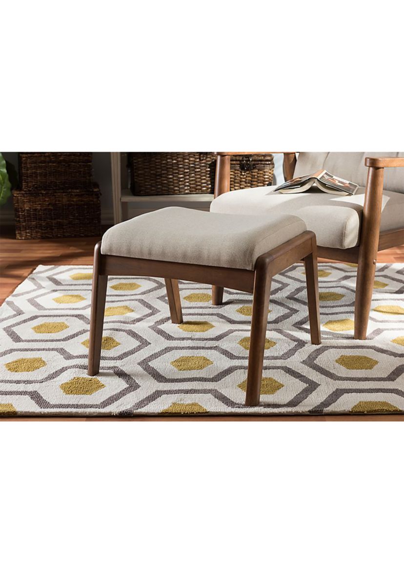 Roxy Mid-Century Modern Walnut Wood Finishing and Light Beige Fabric Upholstered Ottoman
