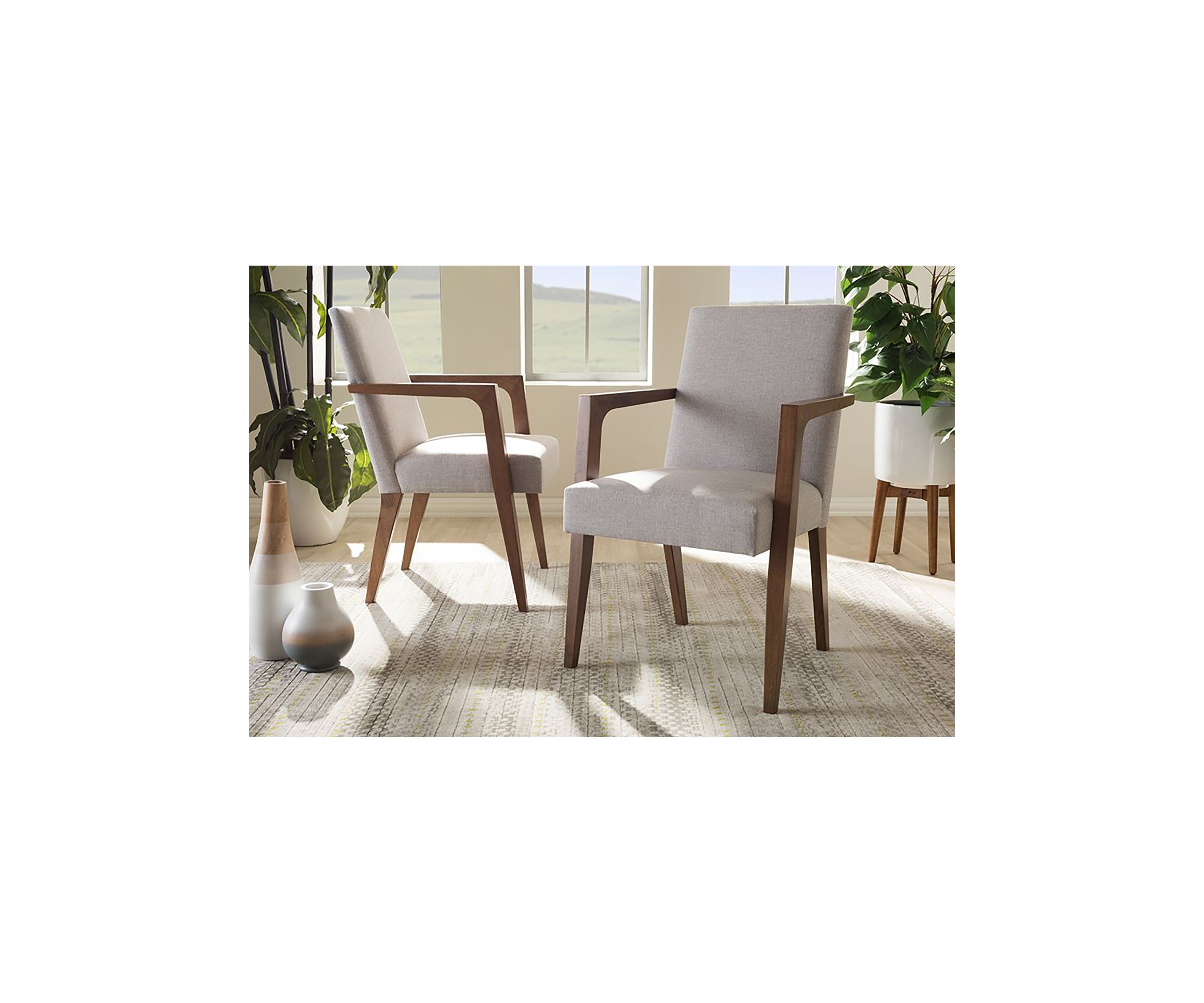 Andrea Mid-Century Modern Greyish Beige Upholstered Wooden Armchair