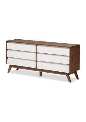 Hildon Mid-Century Modern White and Walnut Wood 6-Drawer Storage Dresser