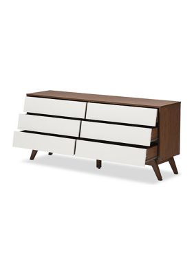 Hildon Mid-Century Modern White and Walnut Wood 6-Drawer Storage Dresser