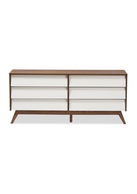 Hildon Mid-Century Modern White and Walnut Wood 6-Drawer Storage Dresser