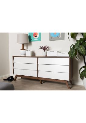 Hildon Mid-Century Modern White and Walnut Wood 6-Drawer Storage Dresser