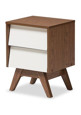Baxton Studio Hildon Mid-Century Modern White and Walnut Wood 2-Drawer Storage Nightstand, Brown