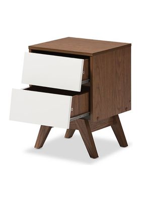 Hildon Mid-Century Modern White and Walnut Wood 2-Drawer Storage Nightstand