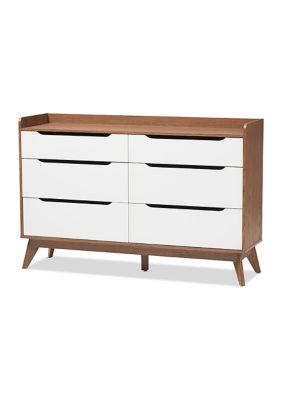 Baxton Studio Brighton Mid-Century Modern White and Walnut Wood 6-Drawer Storage Dresser, Brown