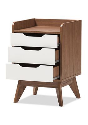 Brighton Mid-Century Modern White and Walnut Wood 3-Drawer Storage Nightstand