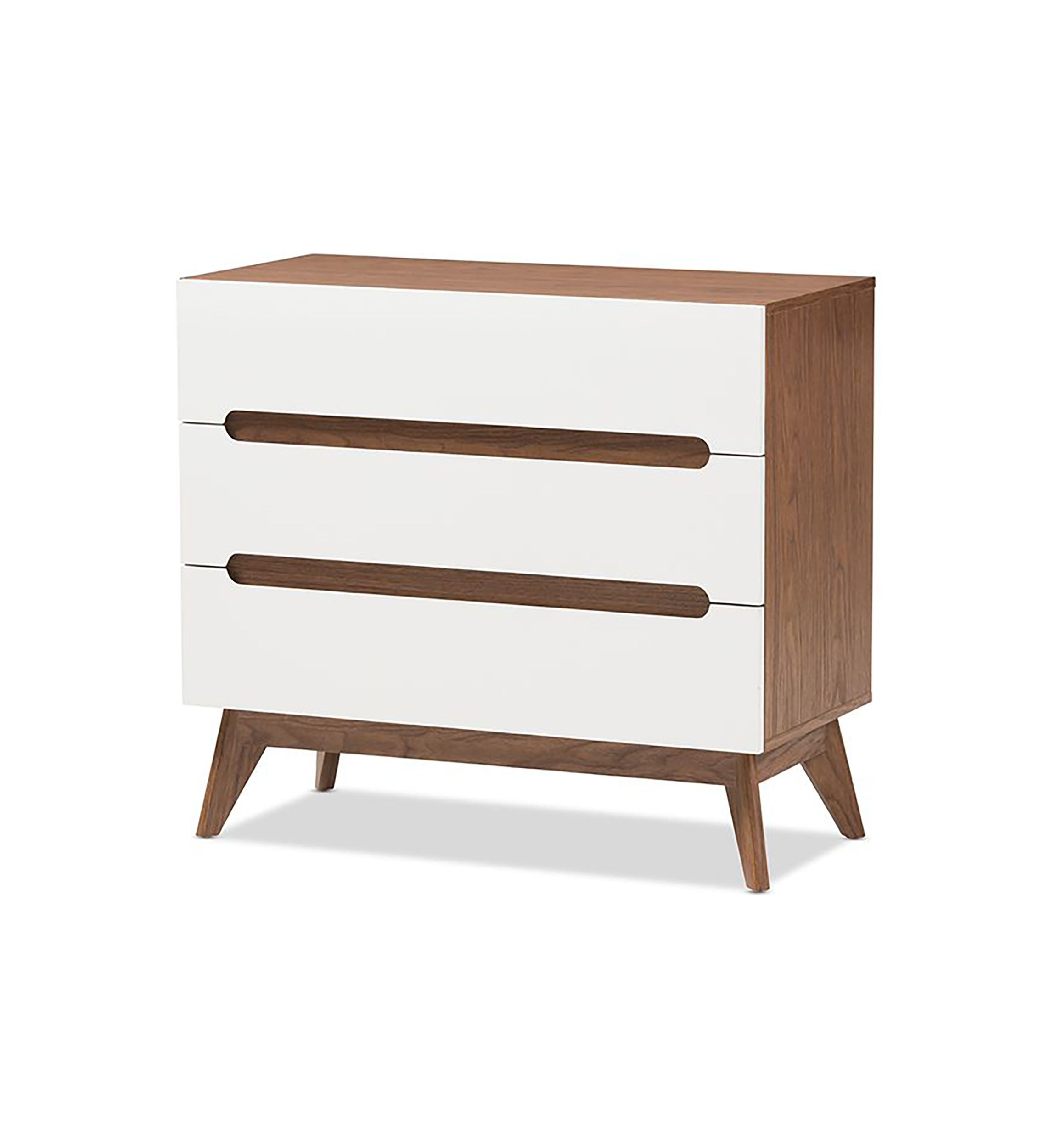 Calypso Mid-Century Modern White and Walnut Wood 3-Drawer Storage Chest