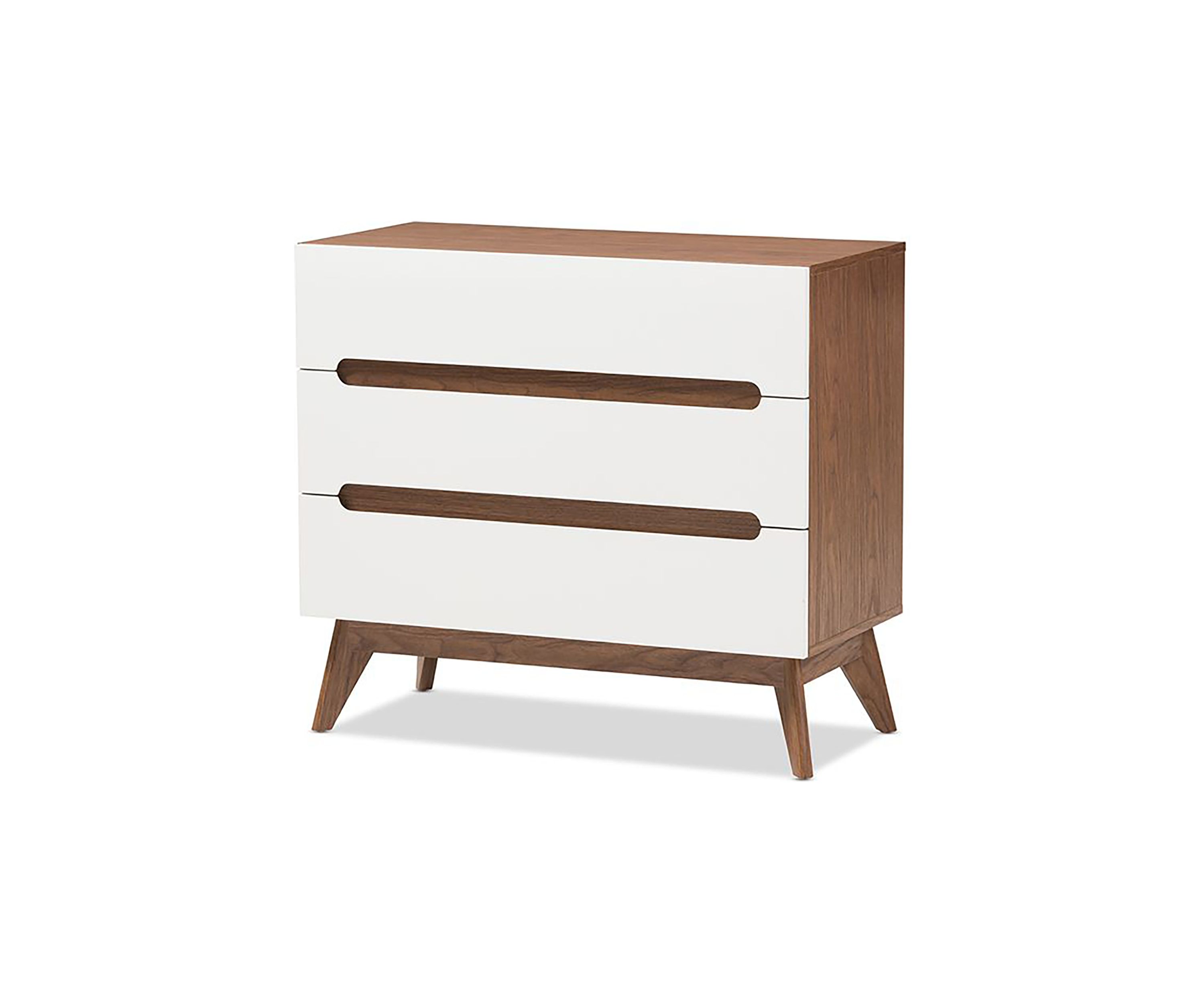 Calypso Mid-Century Modern White and Walnut Wood 3-Drawer Storage Chest