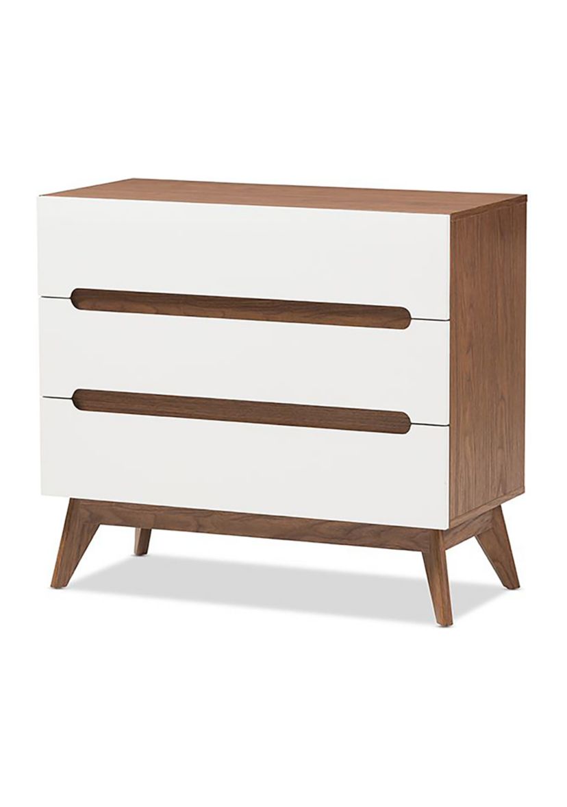 Calypso Mid-Century Modern White and Walnut Wood 3-Drawer Storage Chest