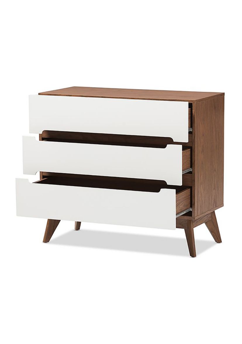 Calypso Mid-Century Modern White and Walnut Wood 3-Drawer Storage Chest
