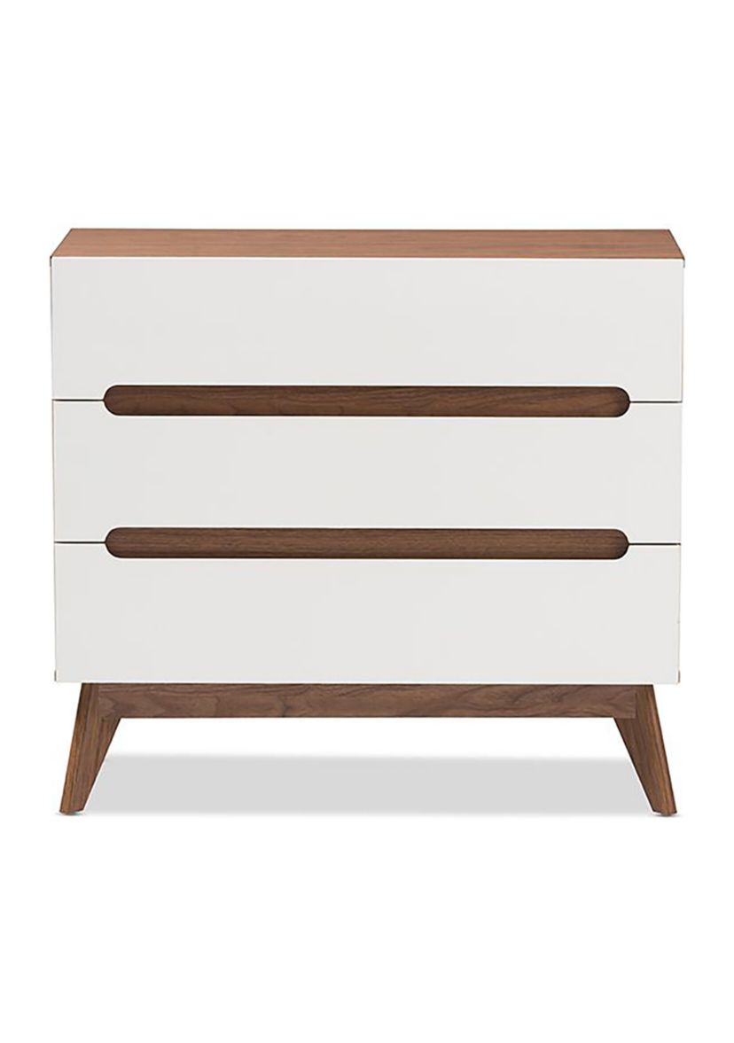 Calypso Mid-Century Modern White and Walnut Wood 3-Drawer Storage Chest