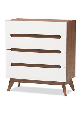 Baxton Studio Calypso Mid-Century Modern White and Walnut Wood 4-Drawer Storage Chest, Brown