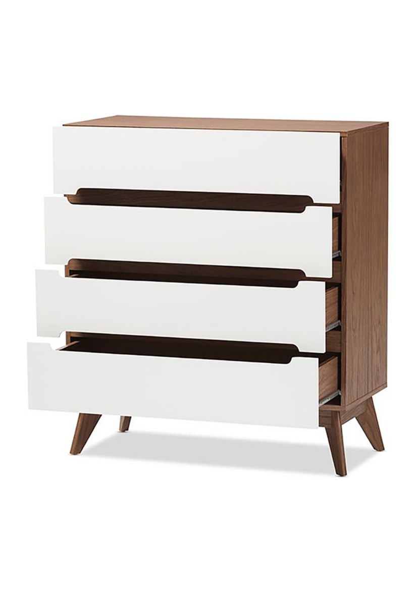 Calypso Mid-Century Modern White and Walnut Wood 4-Drawer Storage Chest