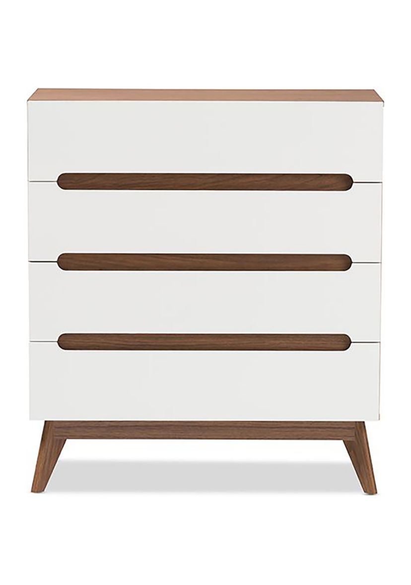 Calypso Mid-Century Modern White and Walnut Wood 4-Drawer Storage Chest