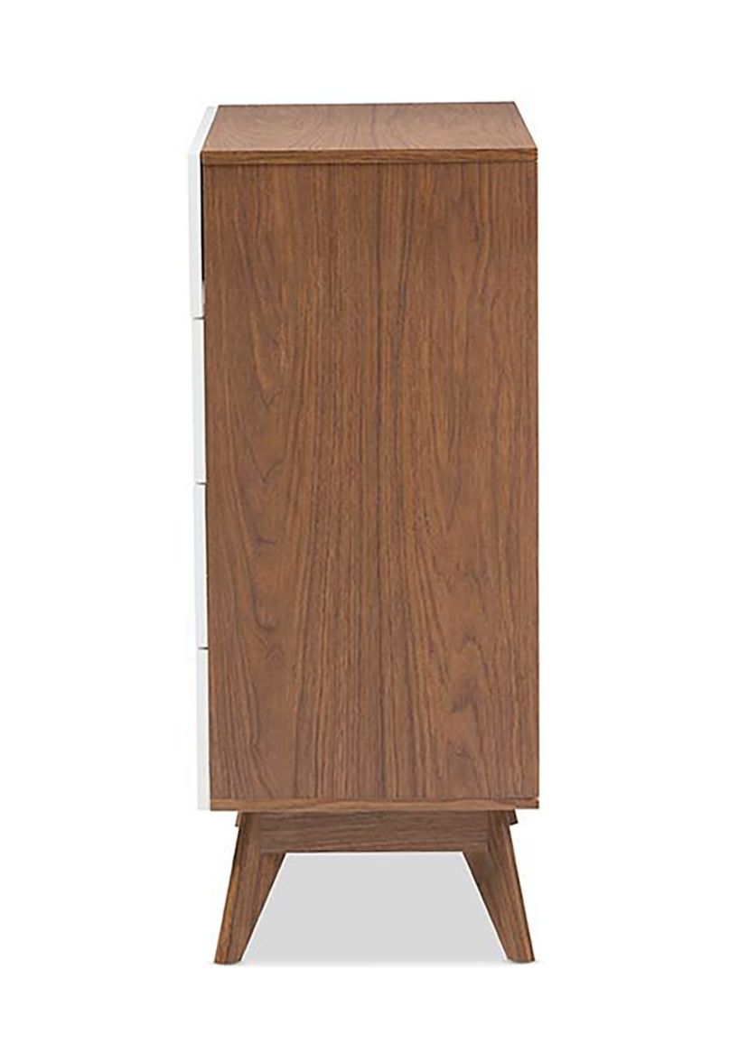 Calypso Mid-Century Modern White and Walnut Wood 4-Drawer Storage Chest